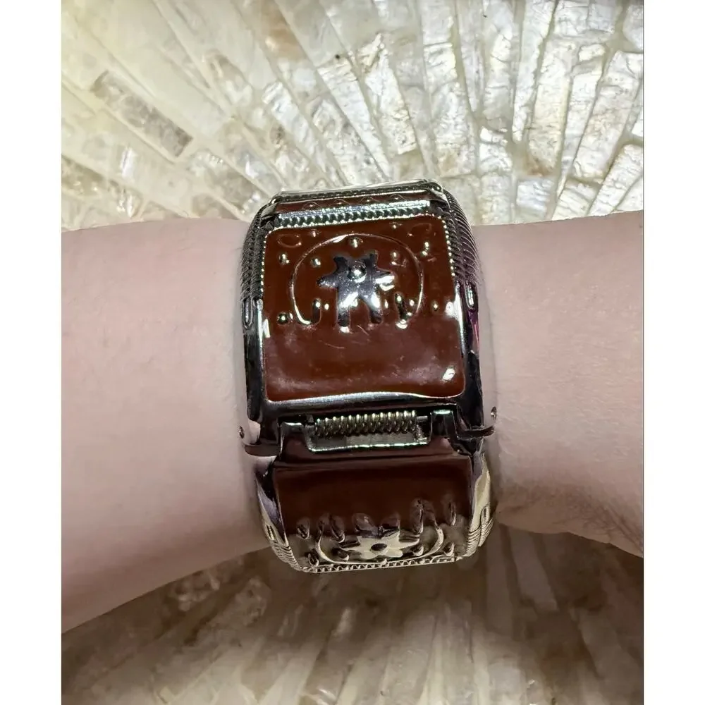 Narmi Brown Enamel Hinged Bangle Watch Silver Tone Cuff Bracelet
